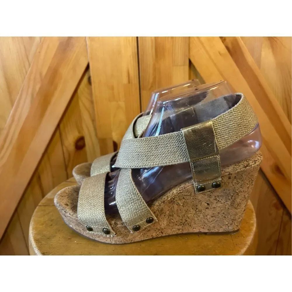 Lucky Brand Sandals Womens 8.5B Marla Cork Wedge Cross Strap Slingback Beige
